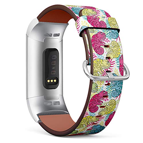 Replacement Leather Strap Printing Wristbands Compatible with Fitbit Charge 3 / Charge 3 SE - Colorful Chameleons in Cartoon Style Pattern