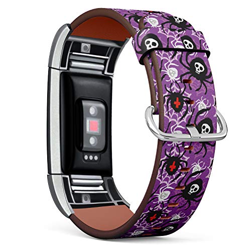 Replacement Leather Strap Printing Wristbands Compatible with Fitbit Charge 2 - Spider and Funky Skull Rough Grunge Pattern