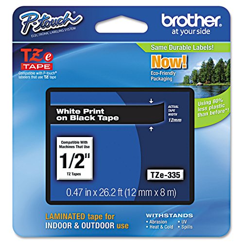 Brother TZE335 TZe Standard Adhesive Laminated Labeling Tape, 1/2-Inch w, White on Black