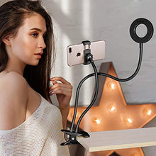 Load image into Gallery viewer, Ring Light with Stand for Live Stream Dimmable 3-Light Mode 10-Level Brightness Clamp on Gooseneck Cell Phone Stand with Selfie Ring Light for iPhone Samsung Huawei
