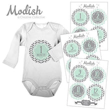 Load image into Gallery viewer, 12 Monthly Baby Stickers, Gray, Mint, Boy, Baby Belly Stickers, Monthly Onesie Stickers, First Year Stickers Months 1-12, Gray, Mint, Arrows, Herringbone, Tribal, Baby Boy
