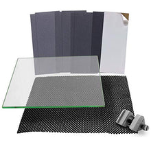 Load image into Gallery viewer, Fulton Plate Glass Sharpening System (FINE) 9 7/8 wide x 11 13/16 long 5/16 Thick Glass Plate, Aluminum Honing Guide, 8 Sheets of Sticky Back (PSA) Sandpaper and One Non Slip Washable Rubber Mat
