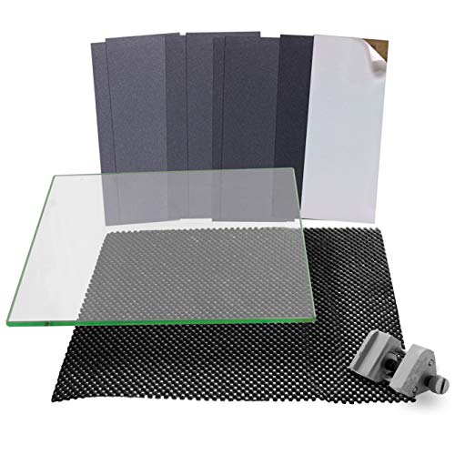 Fulton Plate Glass Sharpening System (FINE) 9 7/8 wide x 11 13/16 long 5/16 Thick Glass Plate, Aluminum Honing Guide, 8 Sheets of Sticky Back (PSA) Sandpaper and One Non Slip Washable Rubber Mat