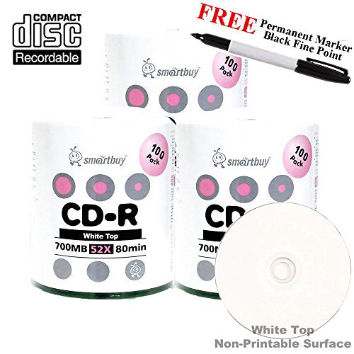 Smartbuy 300-disc 700mb/80min 52x CD-R White Top Blank Media Record Disc + Black Permanent Marker