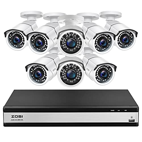 ZOSI 1080p 16 Channel Security Camera System, H.265+ 16CH Hybrid DVR without Hard Drive and 8 x 1080p CCTV Bullet Camera Outdoor Indoor with 120ft Night Vision ,105Wide Angle, Remote Access