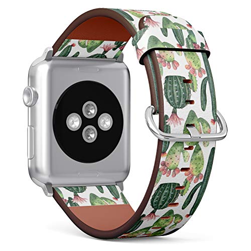 Compatible with Small Apple Watch 38mm, 40mm, 41mm (All Series) Leather Watch Wrist Band Strap Bracelet with Adapters (Watercolor Cacti Succulent)