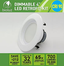 Load image into Gallery viewer, 4 Pack Bioluz LED 4&quot; LED Retrofit Recessed Light 65W Replacement (Using 10W) 700 Lumen, 90 CRI, Dimmable, UL-Listed CEC JA8 Title 24 Compliant (4-Pack, 3000K Soft White)
