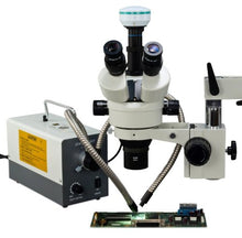 Load image into Gallery viewer, OMAX 3.5X-90X Digital Zoom Trinocular Dual-Bar Boom Stand Stereo Microscope with Cold Y-Type Gooseneck Fiber Light and 2.0MP USB Camera
