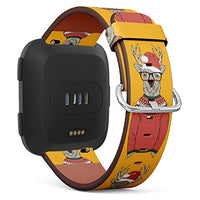 Replacement Leather Strap Printing Wristbands Compatible with Fitbit Versa - Cute Pattern Deer Wearing Glasses