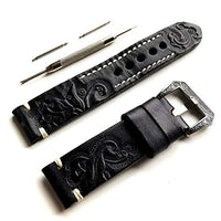 Black with Gray 24mm Tooled Embossed Genuine Premium Leather Band Strap Bracelet Watch Kit for Sport, Luxury, Casual and Smart Watches - Pins Engraved Buckle Tool with Gift Box