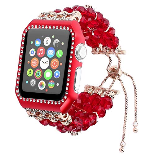 Juzzhou Band For Apple iWatch Sport Replacement Handmade Beaded Faux Bling Stone Crystal Jewels Elastic Stretch Wrist Strap Wristband Wriststrap Bracelet With Case Adjustable Clasp Women Red 38mm