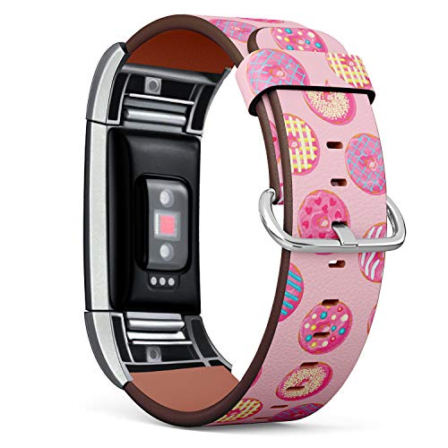 Replacement Leather Strap Printing Wristbands Compatible with Fitbit Charge 2 - Pink Donut with Fitbit Different Topping