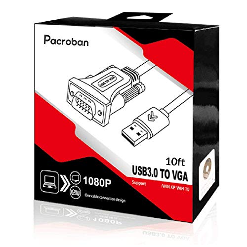 Pacroban USB 3.0 to VGA Adapter Cable - 10ft Multi Monitor Converter, External Video Card (Windows Only),