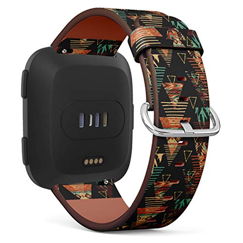 Replacement Leather Strap Printing Wristbands Compatible with Fitbit Versa - Tribal Ethnic Pattern with Fitbit Geometric Elements