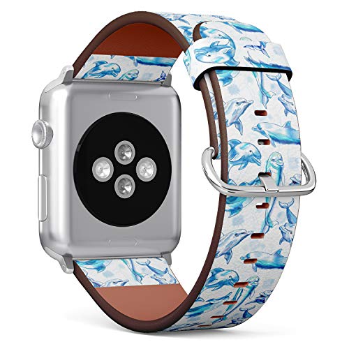 S-Type iWatch Leather Strap Printing Wristbands for Apple Watch 4/3/2/1 Sport Series (42mm) - Watercolor dplphins Pattern