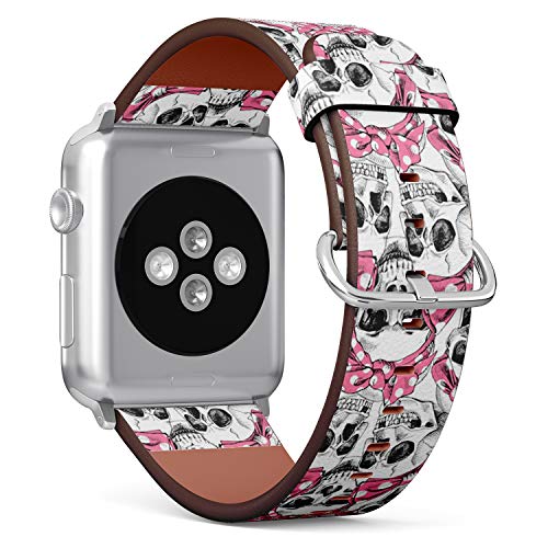 Compatible with Big Apple Watch 42mm, 44mm, 45mm (All Series) Leather Watch Wrist Band Strap Bracelet with Adapters (Skull Pink)