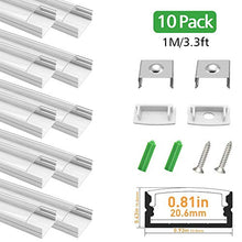 Load image into Gallery viewer, LED Aluminum Channel with Clear Cover, LightingWill 10 Pack 3.3Ft/1M U Shape Surface Mount (Section Size:0.40&quot; x 0.91&quot;) Anodized Silver Channel System for &lt;20mm LED Strip Lights with Caps+Clips U04
