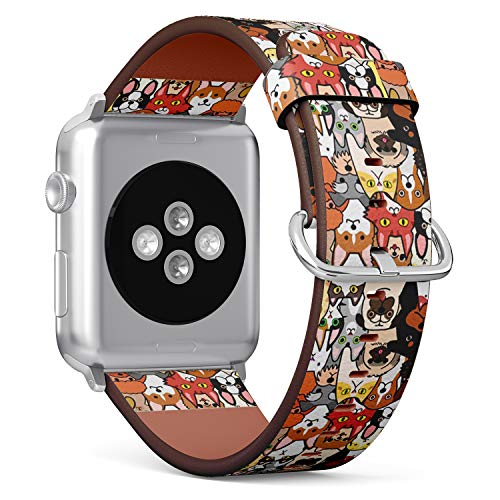 Compatible with Small Apple Watch 38mm, 40mm, 41mm (All Series) Leather Watch Wrist Band Strap Bracelet with Adapters (Doodle Dogs Cats Faces)