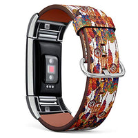 Replacement Leather Strap Printing Wristbands Compatible with Fitbit Charge 2 - Boho Native American Tribal Style Feather