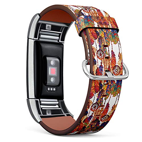 Replacement Leather Strap Printing Wristbands Compatible with Fitbit Charge 2 - Boho Native American Tribal Style Feather