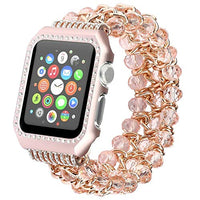 Juzzhou Band For Apple Watch iWatch Replacement Handmade Beaded Faux Pearl Natural Bling Stone Crystal Wrist Sport Edition Guard Strap Wristband Wriststrap Bracelet With Protective Case Woman 42mm