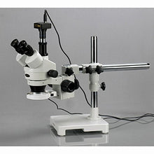 Load image into Gallery viewer, AmScope SM-3TZ-80S-3M Digital Professional Trinocular Stereo Zoom Microscope, WH10x Eyepieces, 3.5X-90X Magnification, 0.7X-4.5X Zoom Objective, 80-Bulb LED Ring Light, Single-Arm Boom Stand, 90V-265V
