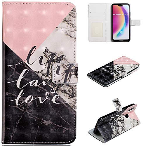 for Huawei P20 Lite Wallet Case with Screen Protector,QFFUN Glitter 3D Marble Pattern [Triangle] Magnetic Closure Kickstand Leather Phone Case with Card Holder Shockproof Protective Flip Cover