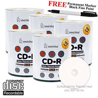 Smartbuy 500-disc 700mb/80min 52x CD-R White Thermal Hub Printable Blank Media Disc + Black Permanent Marker