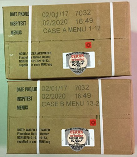 MRE 2020 Inspection Date Case, 24 Meals with 2020 Inspection Date, 2017 Pack Date A and B Case. Military Surplus Meal Ready to Eat.