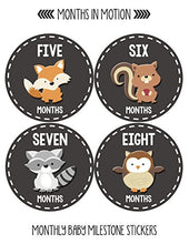 Load image into Gallery viewer, Months In Motion Gender Neutral Baby Month Stickers - Monthly Milestone Sticker for Boy or Girl - Infant Photo Prop for First Year - Shower Gift - Newborn Keepsakes - Unisex - Woodland Animals
