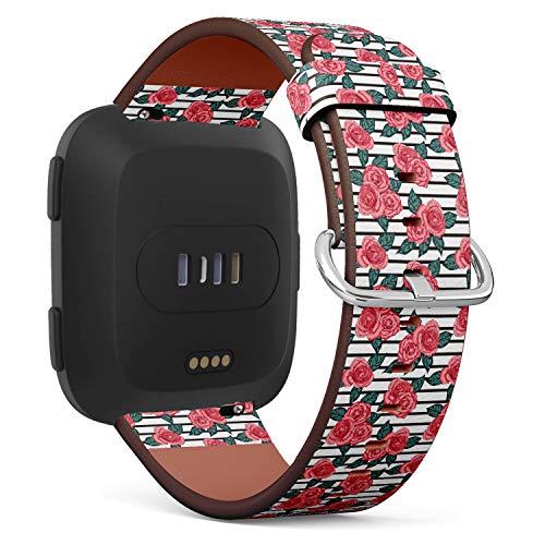 Replacement Leather Strap Printing Wristbands Compatible with Fitbit Versa - Hand Painted Rose Illustration on Geometric Background