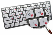 Load image into Gallery viewer, RUSSIAN CYRILLIC APPLE KEYBOARD STICKER WITH RED LETTERING ON TRANSPARENT BACKGROUND FOR DESKTOP, LAPTOP AND NOTEBOOK
