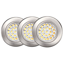 Load image into Gallery viewer, GetInLight Dimmable LED Puck Lights Kit with ETL Listed, Recessed or Surface Mount Design, Soft White 3000K, 12V, 2.5W, Brushed Nickel Finished, (Pack of 3), IN-0113-3-SN
