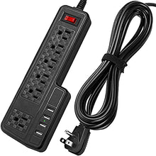Load image into Gallery viewer, 10ft Power Strip USB Surge Protector, JACKYLED Mountable 6 Outlets 4 USB Ports Electric Power Outlet with Right Angle Flat Plug Electric Long Extension Cord Power Charging Station for Home Office
