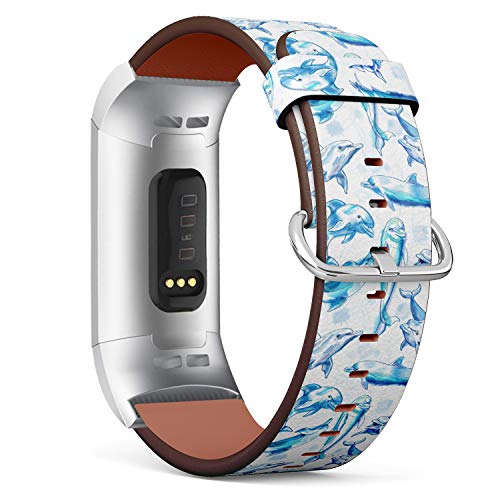 Replacement Leather Strap Printing Wristbands Compatible with Fitbit Charge 3 / Charge 3 SE - Watercolor dplphins Pattern