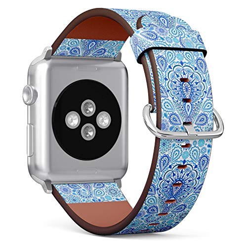 (Boho Chic Paisley Pattern with Mandala Design Element on Elegant Oriental Background) Patterned Leather Wristband Strap for Apple Watch Series 4/3/2/1 gen,Replacement for iWatch 42mm / 44mm Bands