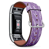 Replacement Leather Strap Printing Wristbands Compatible with Fitbit Charge 2 - Lavender Flowers Pattern on Purple Background