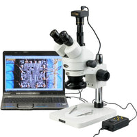 AmScope SM-1TSZ-144A-3M Digital Professional Trinocular Stereo Zoom Microscope, WH10x Eyepieces, 3.5X-90X Magnification, 0.7X-4.5X Zoom Objective, Four-Zone LED Ring Light, Pillar Stand, 110V-240V, In