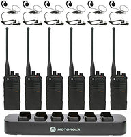 6 Pack of Motorola RDU4100 Radios with 6 Push to Talk (PTT) earpieces and a 6-Bank Radio Charger