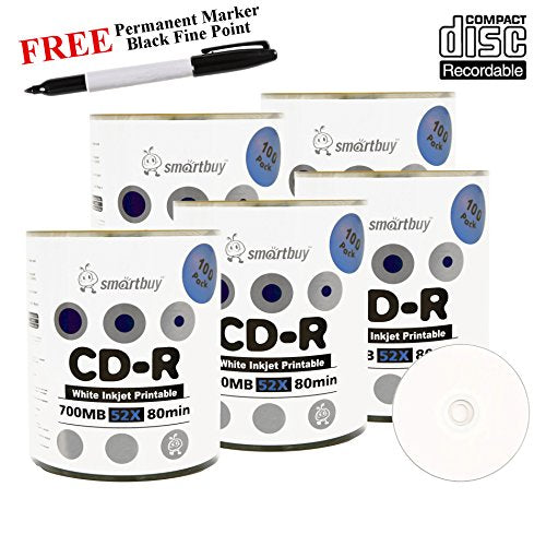 Smartbuy 500-disc 700mb/80min 52x CD-R White Inkjet Hub Printable Blank Media Disc + Black Permanent Marker