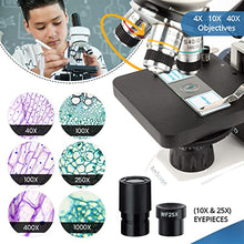 Load image into Gallery viewer, AmScope M158C-2L-PS25 Cordless Compound Monocular Microscope, WF10x and WF25x Eyepieces, 40x-1000x Magnification, Upper and Lower LED Illumination with Rheostat, Brightfield, Single-Lens Condenser, Co
