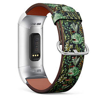Replacement Leather Strap Printing Wristbands Compatible with Fitbit Charge 3 / Charge 3 SE - Trendy Floral Pattern with Fitbit Eucalyptus, Magnolia, Fern Leaves and Succulents