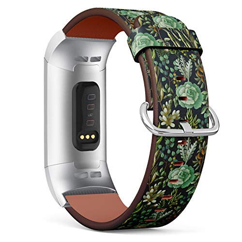 Replacement Leather Strap Printing Wristbands Compatible with Fitbit Charge 3 / Charge 3 SE - Trendy Floral Pattern with Fitbit Eucalyptus, Magnolia, Fern Leaves and Succulents