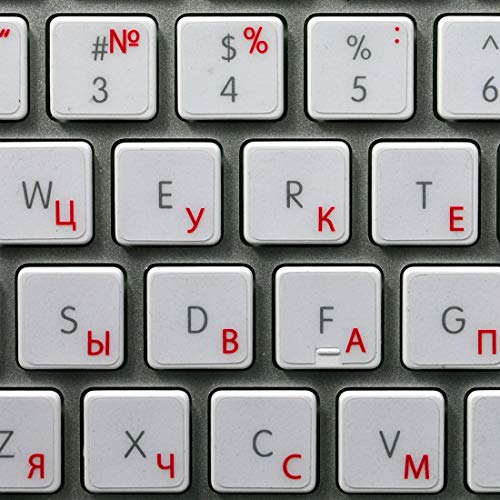 RUSSIAN CYRILLIC APPLE KEYBOARD STICKER WITH RED LETTERING ON TRANSPARENT BACKGROUND FOR DESKTOP, LAPTOP AND NOTEBOOK