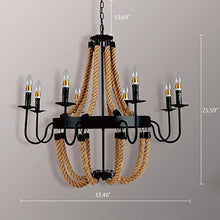Load image into Gallery viewer, Industrial Iron Matte Black Finish Rope Candle Chandelier - LITFAD 33.46&quot; Retro Vintage Antique Pendant Light Ceiling Light with 8 Lights
