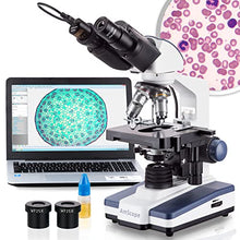 Load image into Gallery viewer, AmScope B120B-E2 Siedentopf Binocular Compound Microscope, 40X-2000X Magnification, Brightfield, LED Illumination, Abbe Condenser, Double-Layer Mechanical Stage, with 2MP Camera

