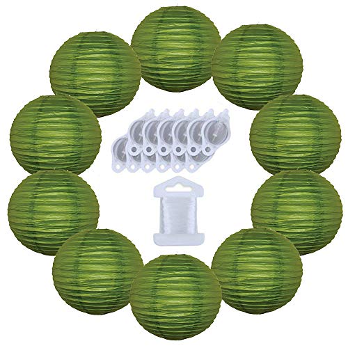 Just Artifacts 12inch Decorative Round Chinese Paper Lanterns 10pcs w/ 12pc LED Lights and Clear String (Color: Grass Green)