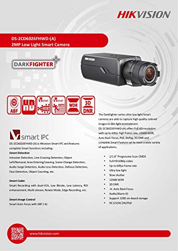 Hikvision DS-2CD6026FHWD-A Darkfighter Box Camera with NO Lens, 2MP/1080P, H.264, Day/Night, Wide Dynamic Range, POE/12VDC/24VAC