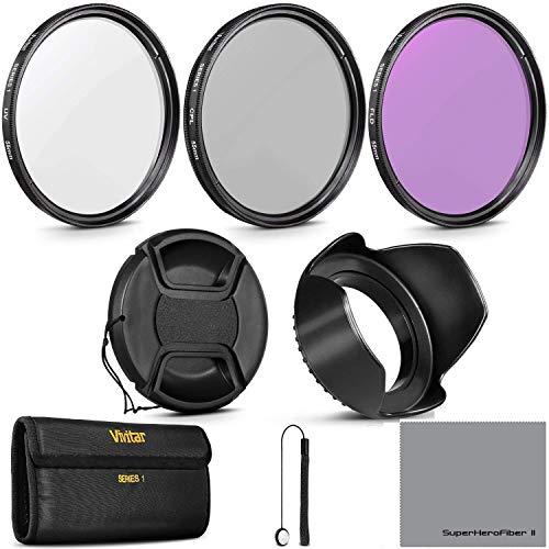 58MM Professional Lens Filter Accessory Kit (HD Filter Kit (UV, CPL, FLD) + Carry Pouch + Tulip Lens Hood + Snap-On Lens Cap w/Cap Keeper Leash + Microfiber Lens Cleaning Cloth)