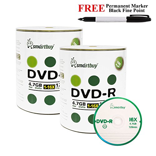 Smartbuy 200-disc 4.7GB/120min 16x DVD-R Logo Top Blank Media Record Disc + Black Permanent Marker